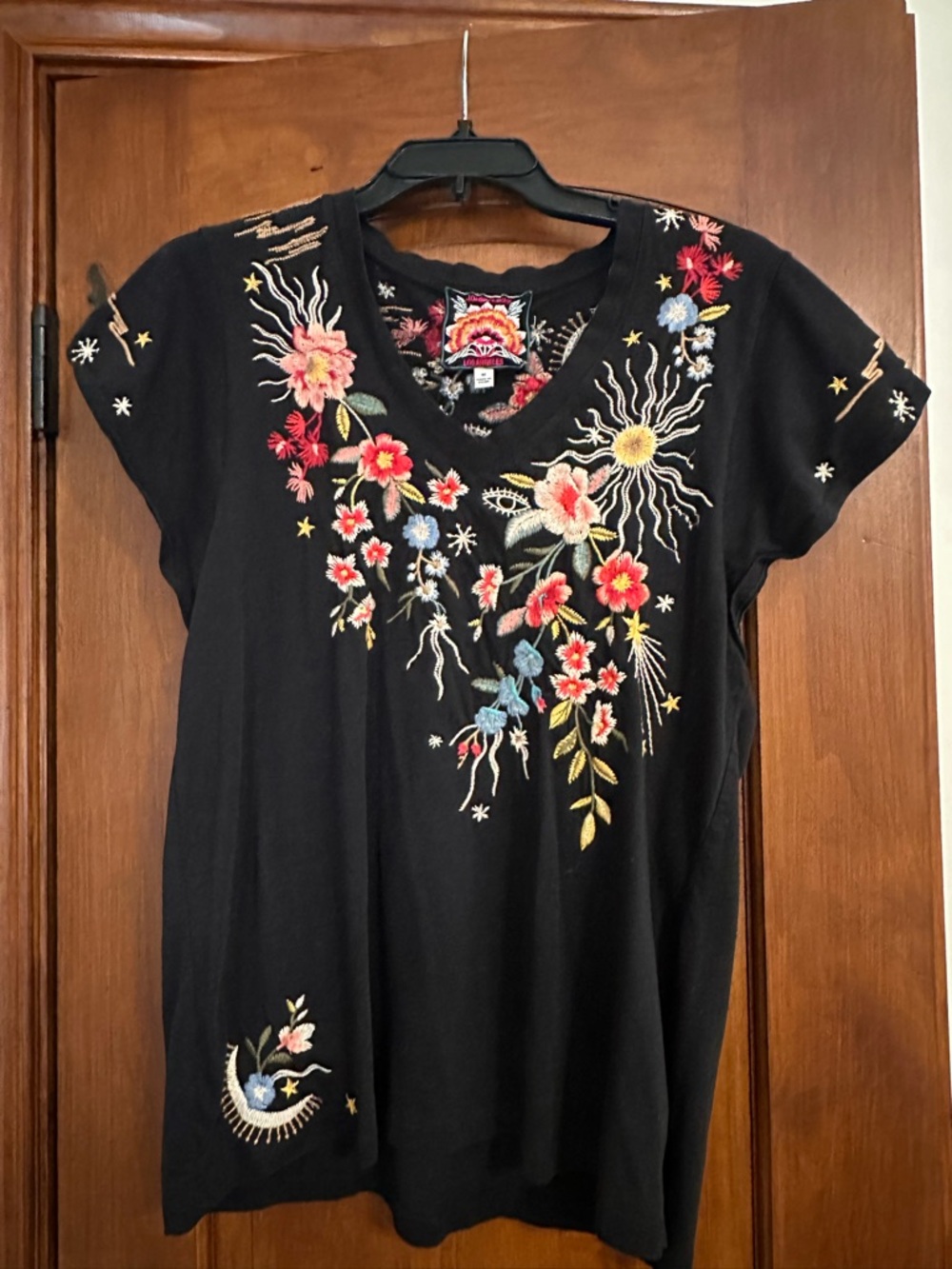 Johnny Was Embroidered Floral V-Neck Women's Top - Black